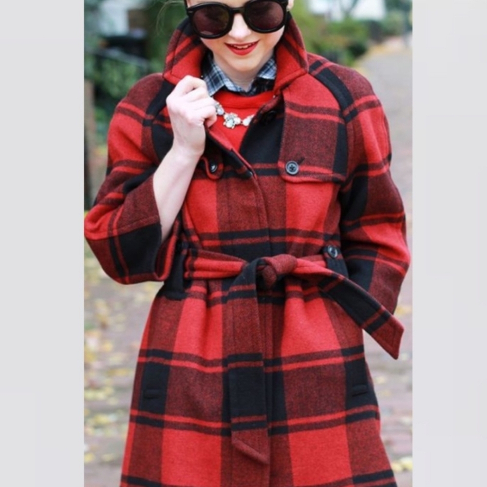 🥰 Vintage Y2K (2008) GAP Buffalo Plaid 3/4 Sleeve Mid Length Wool Pea Coat, SM - Picture 2 of 15